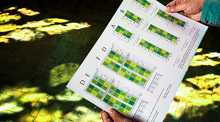 Två händer håller i papper med ett sifferfält.